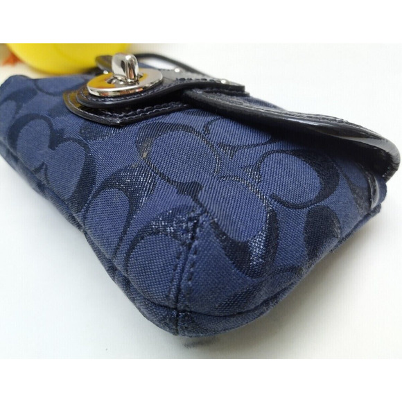 Coach Legacy Signature Blue Canvas Black Leather Trim Flap Wristlet -Coin Wallet - Picture 9 of 12